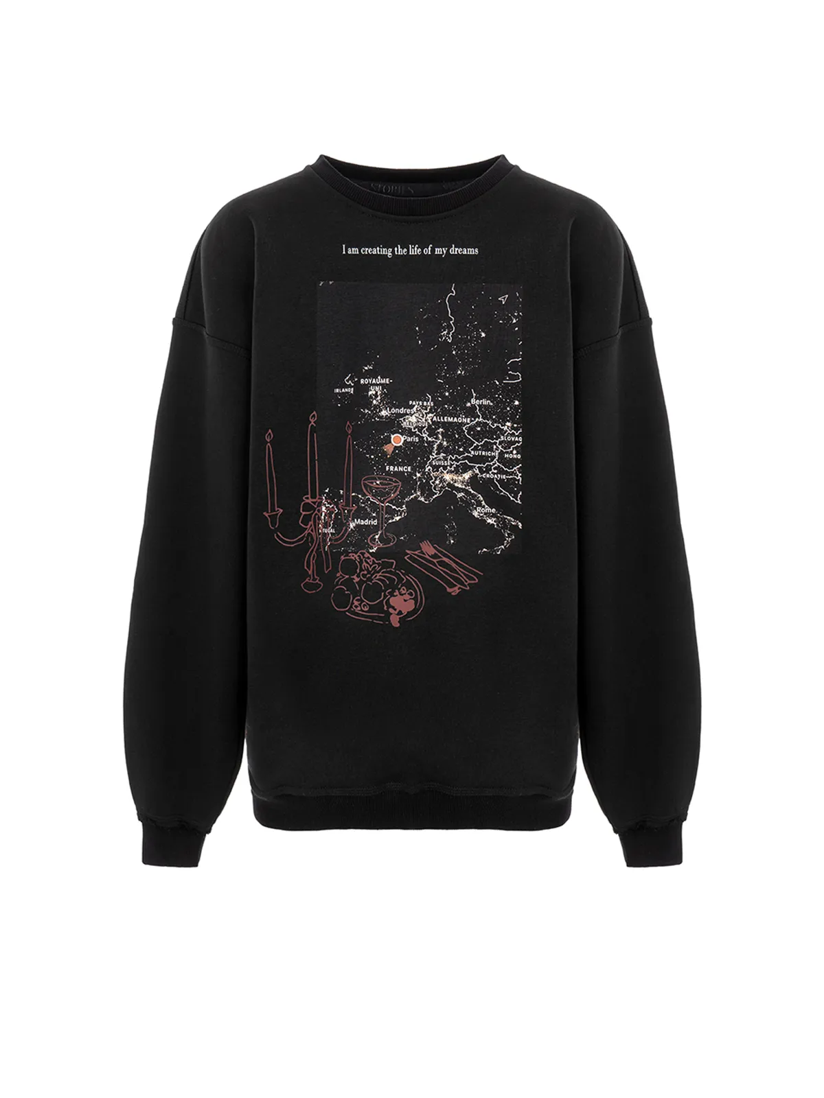 Черный оверсайз свитшот SWEATSHIRT PARIS от MOODSTORIES с графическим принтом на груди и надписью на спине.